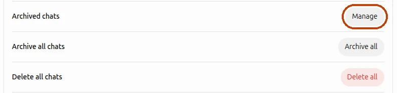 Data controls in ChatGPT settings with the Manage button next to Archived chats highlighted