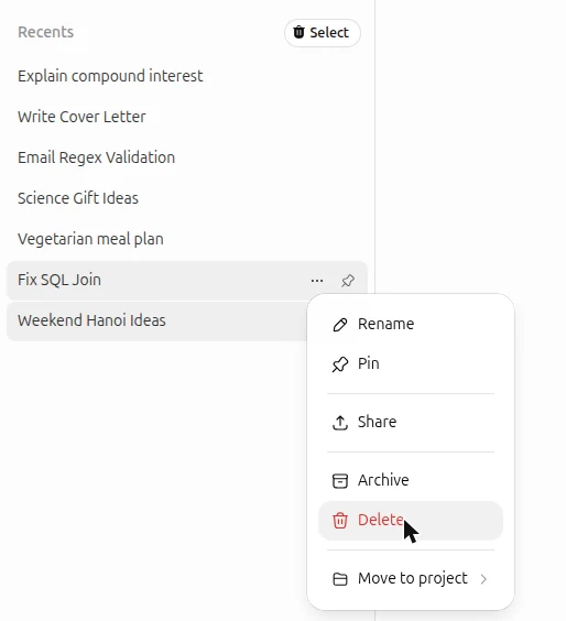 Chat options menu in the ChatGPT sidebar with Archive and Delete