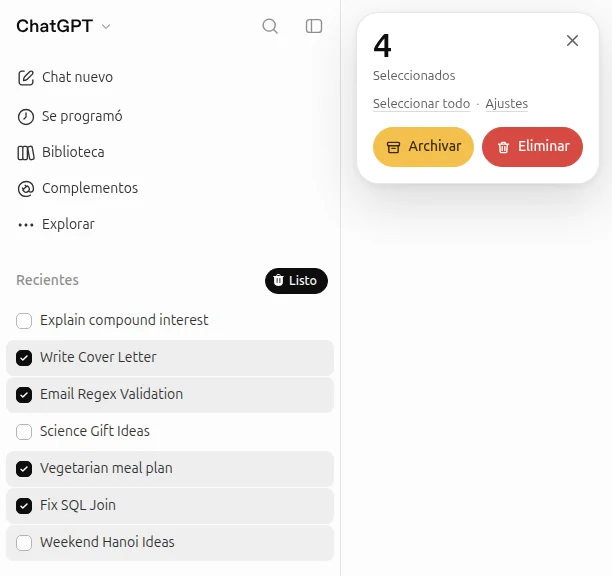 Cuatro chats marcados en la barra lateral de ChatGPT y una tarjeta con los botones Archivar y Eliminar