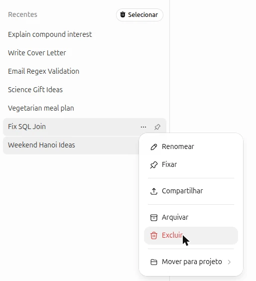 Menu de opções de um chat na barra lateral do ChatGPT, com Arquivar e Excluir