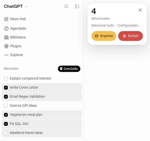 Quatro chats marcados na barra lateral do ChatGPT e um cartão com os botões Arquivar e Excluir