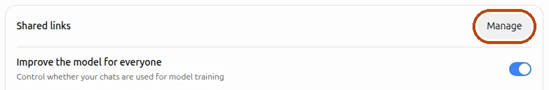 Data controls in ChatGPT settings with the Manage button next to Shared links highlighted