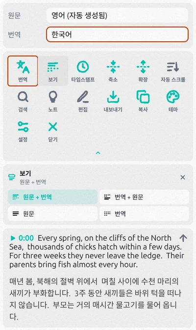 Transcript for YouTube 패널, 번역이 켜져 있고 번역 언어로 한국어가 선택되어 있으며 보기 옵션이 열려 있음