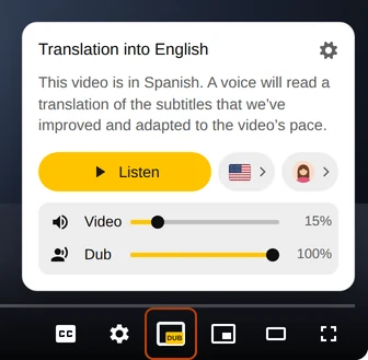 Audio Translator panel above the YouTube player controls with the Listen button, the language and the voice, and the DUB button highlighted