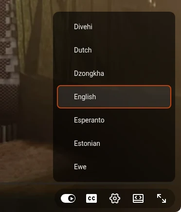 The Auto-translate list of languages in the YouTube player with English highlighted