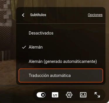 Menú Subtítulos del reproductor de YouTube con las pistas de subtítulos del video y Traducción automática al final