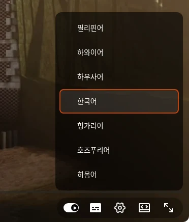 유튜브 플레이어의 자동 번역 언어 목록에서 한국어가 강조된 모습
