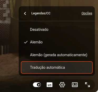Menu Legendas/CC do player do YouTube com as faixas de legenda do vídeo e Tradução automática no fim
