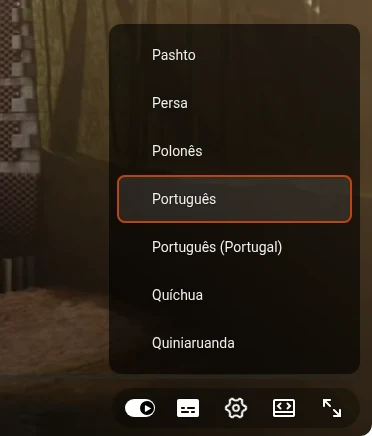 Lista de idiomas da Tradução automática no player do YouTube com Português destacado