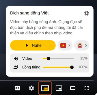 Bảng điều khiển Audio Translator phía trên các nút của trình phát YouTube với nút Nghe, ngôn ngữ và giọng đọc, nút DUB được đánh dấu