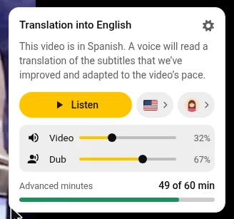 Audio Translator panel with the Listen button, a language, a voice and the Video and Dub volume sliders
