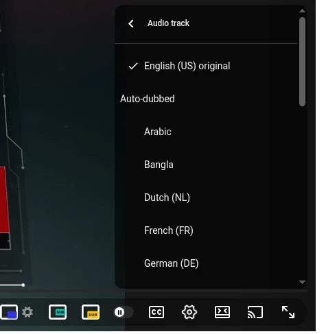 YouTube Audio track menu with the original track at the top and auto-dubbed tracks below