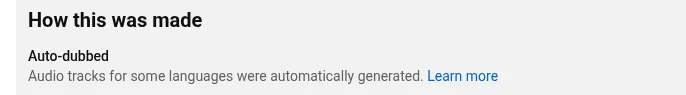 The Auto-dubbed label in the How this was made section of a YouTube video description
