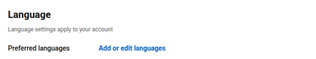 The Language section of YouTube settings with Preferred languages and the Add or edit languages link