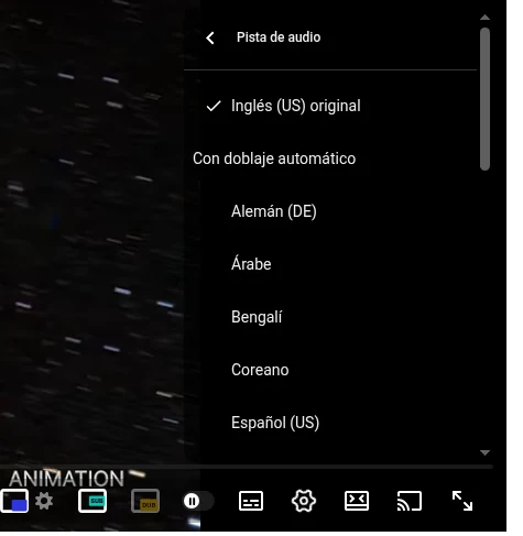 Menú Pista de audio de YouTube con la pista original arriba y las pistas con doblaje automático debajo