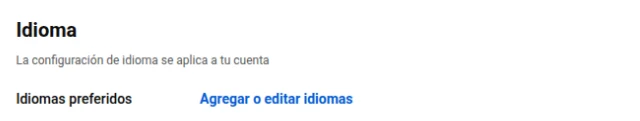 Sección Idioma de la configuración de YouTube con Idiomas preferidos y el enlace Agregar o editar idiomas