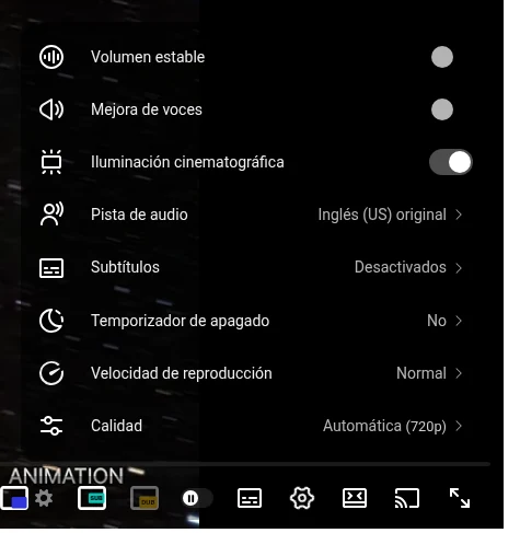 Menú de configuración del reproductor de YouTube con la opción Pista de audio