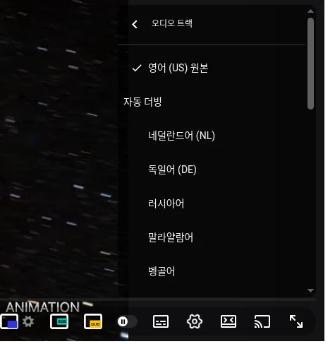 맨 위에 원본 트랙, 아래에 자동 더빙 트랙이 있는 유튜브 오디오 트랙 메뉴