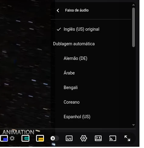 Menu Faixa de áudio do YouTube com a faixa original no topo e as faixas com dublagem automática abaixo