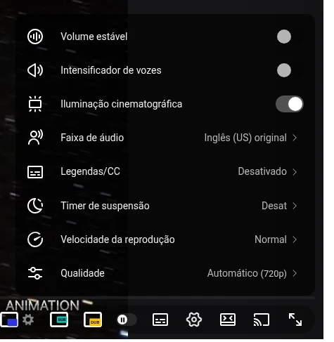 Menu de configurações do player do YouTube com o item Faixa de áudio
