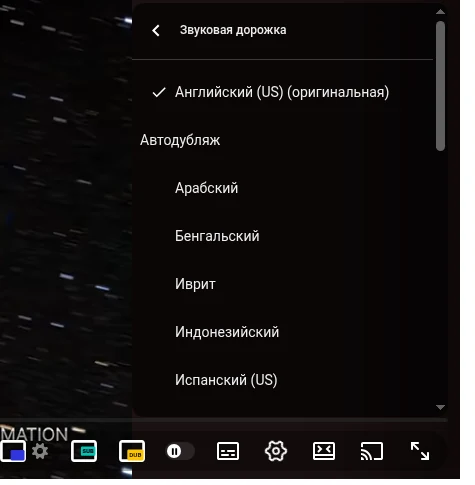 Меню «Звуковая дорожка» YouTube: оригинальная дорожка сверху, дорожки автодубляжа ниже