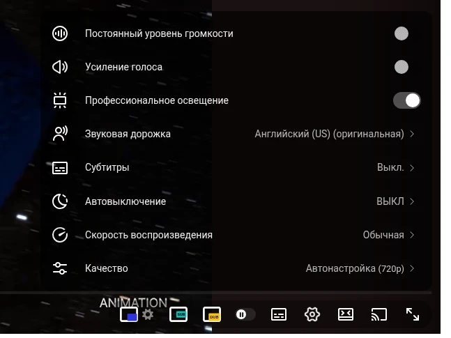 Меню настроек плеера YouTube с пунктом «Звуковая дорожка»