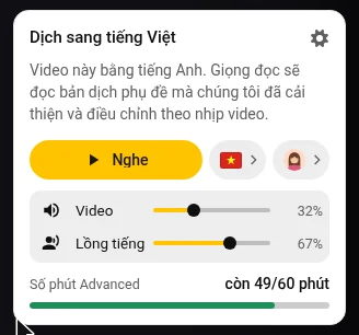 Bảng Audio Translator với nút Nghe, ngôn ngữ, giọng đọc và thanh trượt âm lượng Video và Lồng tiếng