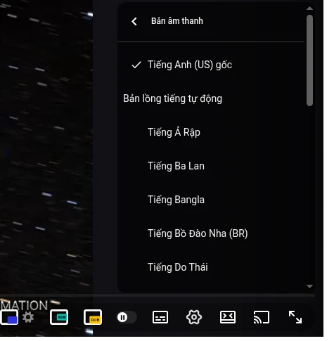 Menu Bản âm thanh của YouTube với bản gốc ở trên cùng và các bản lồng tiếng tự động bên dưới