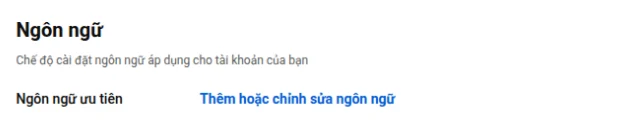Mục Ngôn ngữ trong cài đặt YouTube với Ngôn ngữ ưu tiên và liên kết Thêm hoặc chỉnh sửa ngôn ngữ