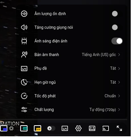Menu cài đặt của trình phát YouTube với mục Bản âm thanh