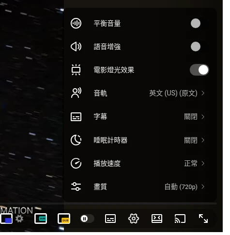 有音軌選項的 YouTube 播放器設定選單