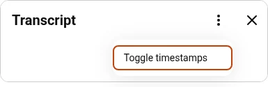 YouTube transcript panel menu with the Toggle timestamps option