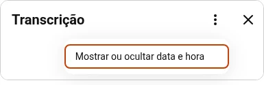 Menu do painel de transcrição do YouTube com a opção Mostrar ou ocultar data e hora