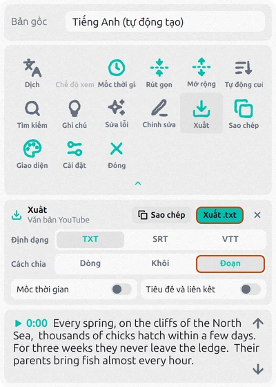 Bảng xuất của Transcript for YouTube với TXT và Đoạn được chọn, Mốc thời gian đã tắt