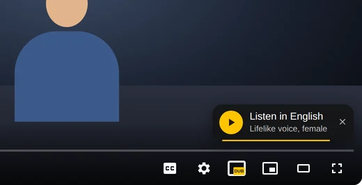The Listen in English offer on a YouTube video next to the DUB button in the player