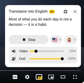 Audio Translator panel during the voice-over with the phrase being read, the Stop button, the language, the voice and the Video and Dub sliders
