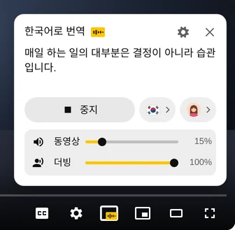 음성 번역 중인 Audio Translator 패널: 읽고 있는 문장, 중지 버튼, 언어, 음성, 동영상과 더빙 슬라이더