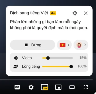 Bảng điều khiển Audio Translator khi đang lồng tiếng: câu đang đọc, nút Dừng, ngôn ngữ, giọng đọc và thanh trượt Video, Lồng tiếng