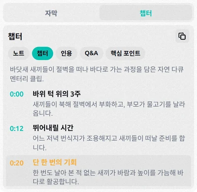 시작 시간, 챕터 제목, 강조 표시된 현재 챕터가 보이는 챕터 탭
