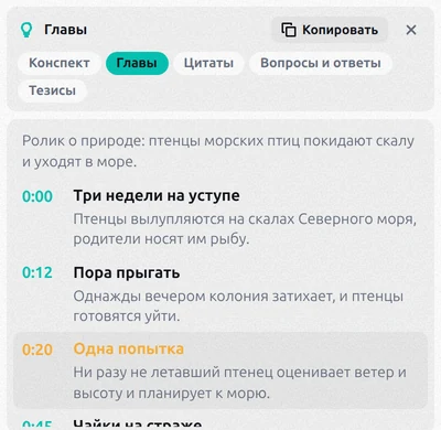 Главы ролика со временем начала, названиями глав и подсвеченной текущей главой