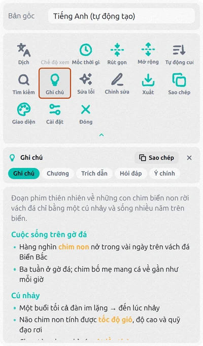 Bảng Transcript for YouTube với nút Ghi chú được đánh dấu và ghi chú video do AI tạo thay cho phụ đề