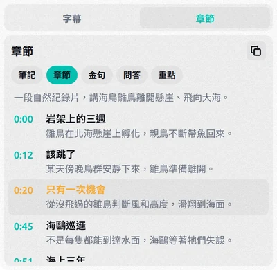 章節分頁：開始時間、章節標題，目前的章節已反白