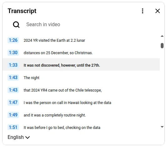 YouTube transcript panel with timestamps and a search box