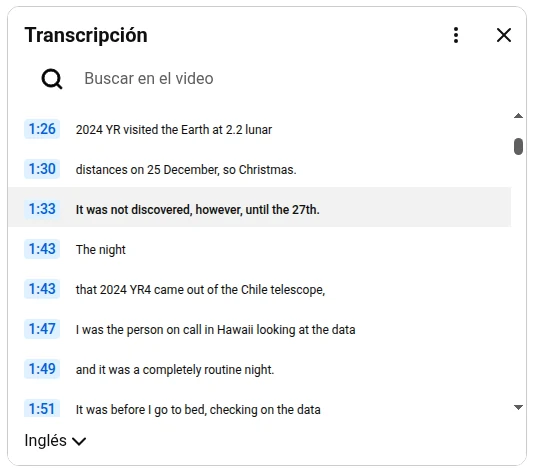 Panel de transcripción de YouTube con marcas de tiempo y buscador