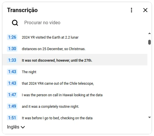 Painel de transcrição do YouTube com marcas de tempo e campo de busca