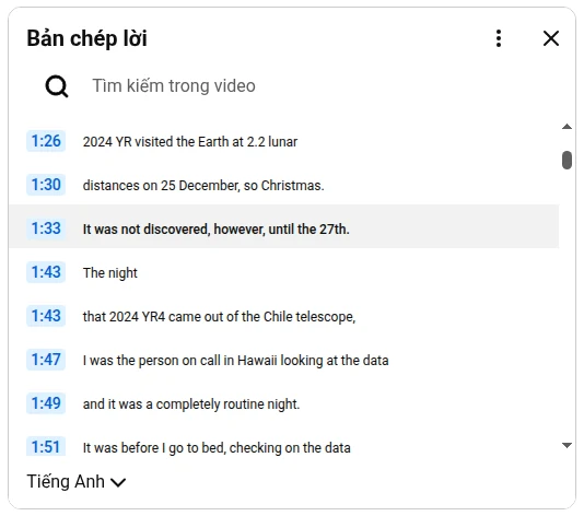 Bảng bản chép lời của YouTube với mốc thời gian và ô tìm kiếm